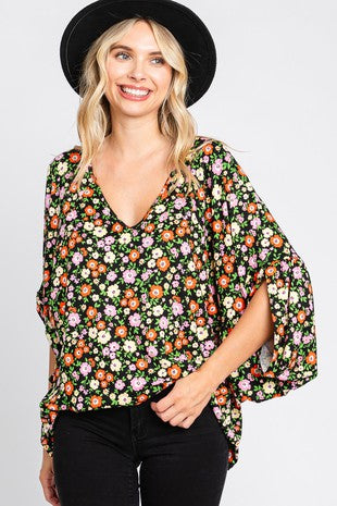 FLORAL PRINT V-NECK BATWING LOOSE FIT TOP- In-store only