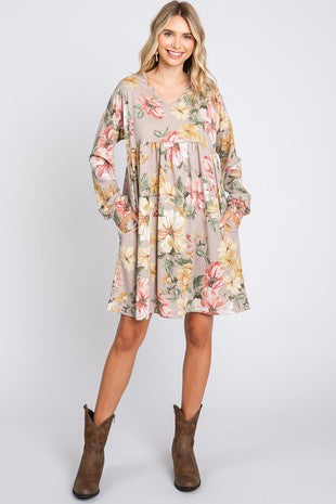 PLUS FLORAL PRINT BUBBLE SLEEVED BABYDOLL DRESS- In-store Only