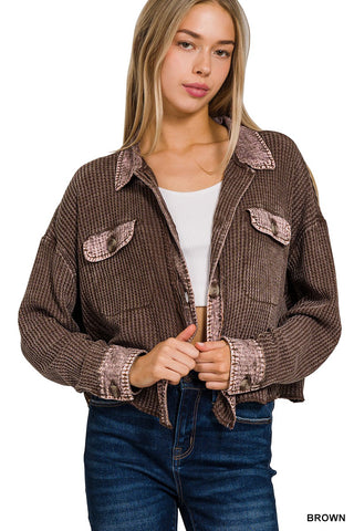 ACID WASH OVERSIZED COTTON WAFFLE CROPPED SHACKET- BROWN