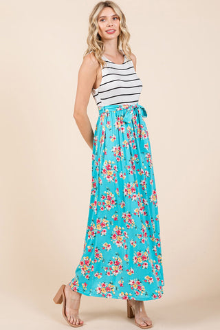 BLUE STRIPE & FLORAL SLEEVELESS MAXI DRESS- IN-STORE ONLY