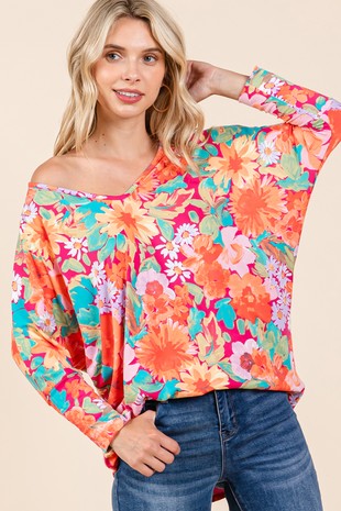 FLORAL PRINT V-NECK LOOSE TOP- In-store Only