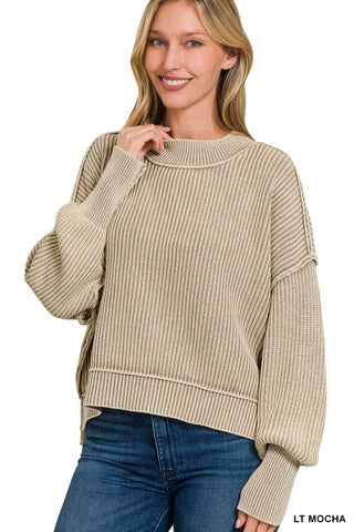 WASHED SIDE SLIT OVERSIZED CROPPED SWEATER- LT MOCHA