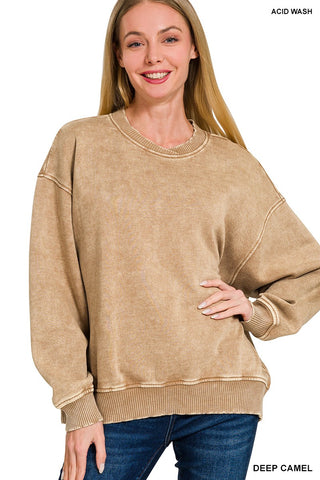 ACID WASH OVERSIZED FLEECE PULLOVER- DEEP CAMEL - IN-STORE