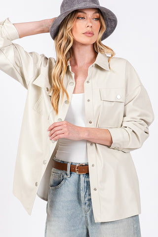 FAUX LEATHER BUTTON UP SHACKET-Ivory- In-store Only