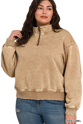 PLUS ACID WASH FLEECE HALF ZIP PULLOVER- DEEP CAMEL