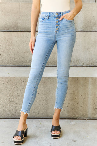 Judy Blue Full Size Button Fly Raw Hem Jeans. Ships 2-5 days• Sizes: 0-22W