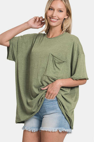 Zenana Drop Shoulder Oversized Front Pocket T-Shirt 2-5 Day Fast Shipping S-XL