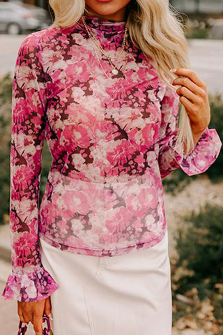 Floral Turtleneck Flounce Sleeve Blouse• Online Only•2-10 day shipping