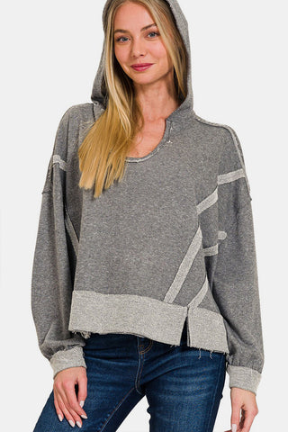 Zenana Contrast Trim Slit Hoodie - ONLINE ONLY - 7-10 DAY SHIPPING